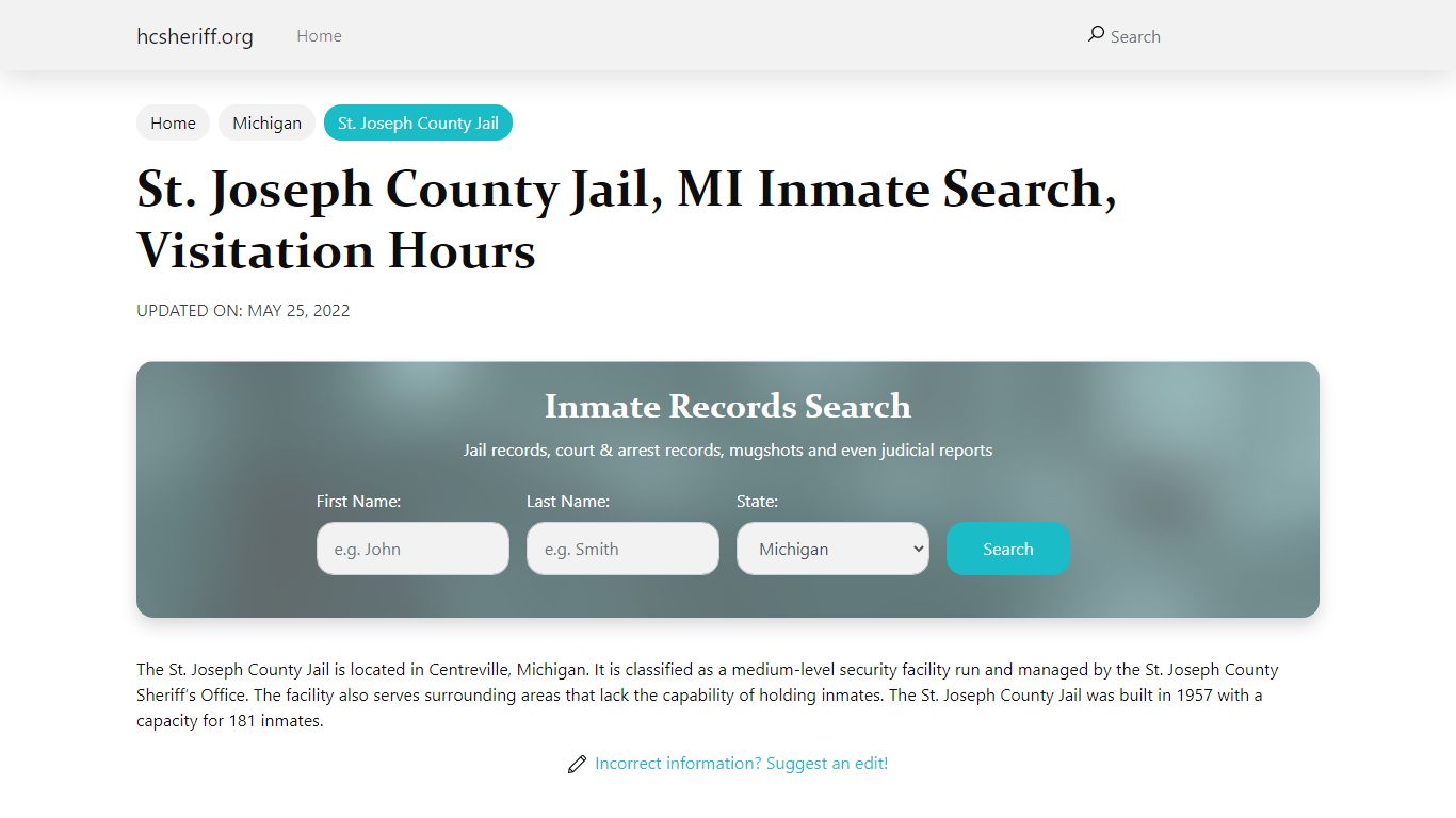 St. Joseph County Jail, MI Inmate Search, Visitation Hours
